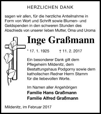 Traueranzeige von Inge Graßmann von Strelitzer Zeitung