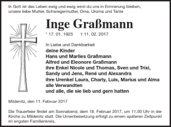 Traueranzeige von Inge Graßmann von Strelitzer Zeitung