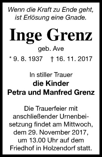 Traueranzeige von Inge Grenz von Strelitzer Zeitung