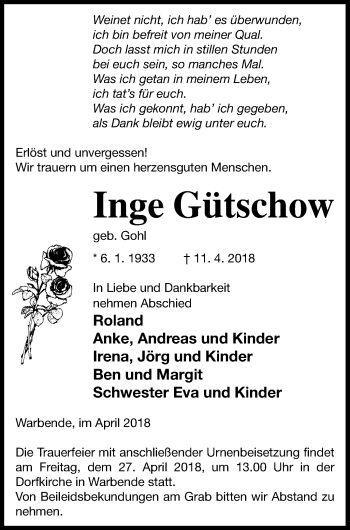 Traueranzeige von Inge Gütschow von Strelitzer Zeitung