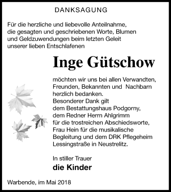 Traueranzeige von Inge Gütschow von Strelitzer Zeitung