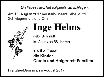 Traueranzeige von Inge Helms von Demminer Zeitung