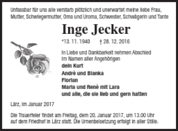 Traueranzeige von Inge Jecker von Müritz-Zeitung