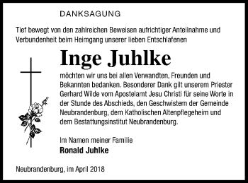 Traueranzeige von Inge Juhlke von Neubrandenburger Zeitung