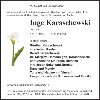 Traueranzeige von Inge Karaschewski von Vorpommern Kurier