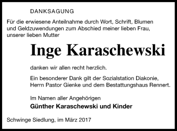 Traueranzeige von Inge Karaschewski von Vorpommern Kurier