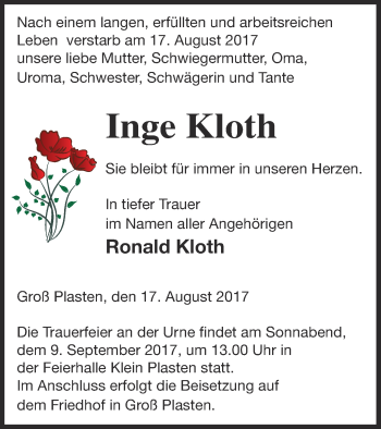 Traueranzeige von Inge Kloth von Müritz-Zeitung