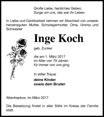 Traueranzeige von Inge Koch von Neubrandenburger Zeitung
