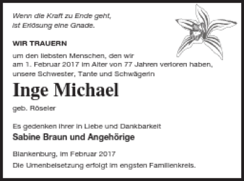 Traueranzeige von Inge Michael von Prenzlauer Zeitung