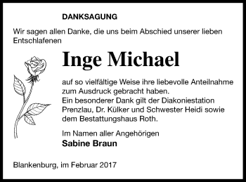 Traueranzeige von Inge Michael von Prenzlauer Zeitung