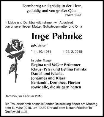 Traueranzeige von Inge Pahnke von Demminer Zeitung