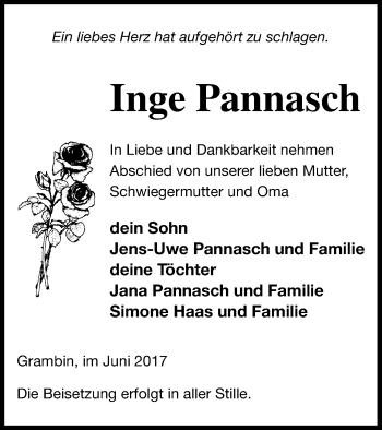 Traueranzeige von Inge Pannasch von Haff-Zeitung