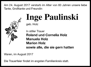 Traueranzeige von Inge Paulinski von Müritz-Zeitung