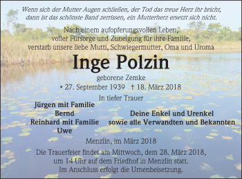 Traueranzeige von Inge Polzin von Vorpommern Kurier