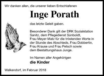 Traueranzeige von Inge Porath von Mecklenburger Schweiz