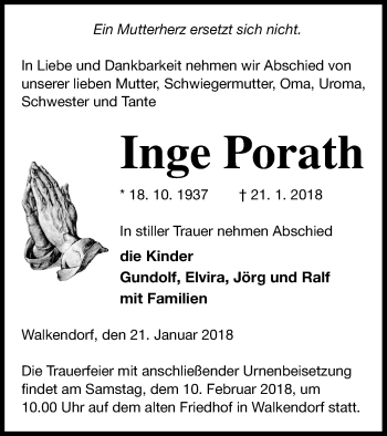 Traueranzeige von Inge Porath von Mecklenburger Schweiz