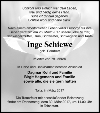 Traueranzeige von Inge Schiewe von Demminer Zeitung