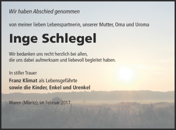 Traueranzeige von Inge Schlegel von Müritz-Zeitung