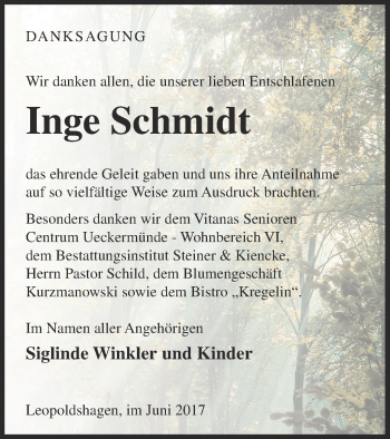 Traueranzeige von Inge Schmidt von Haff-Zeitung