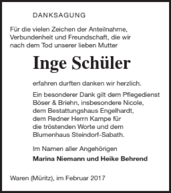 Traueranzeige von Inge Schüler von Müritz-Zeitung