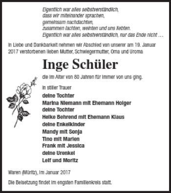 Traueranzeige von Inge Schüler von Müritz-Zeitung