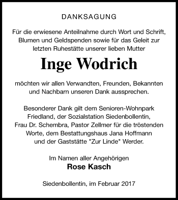 Traueranzeige von Inge Wodrich von Neubrandenburger Zeitung