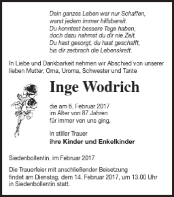 Traueranzeige von Inge Wodrich von Neubrandenburger Zeitung