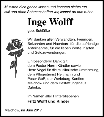Traueranzeige von Inge Wolff von Müritz-Zeitung