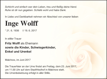 Traueranzeige von Inge Wolff von Müritz-Zeitung