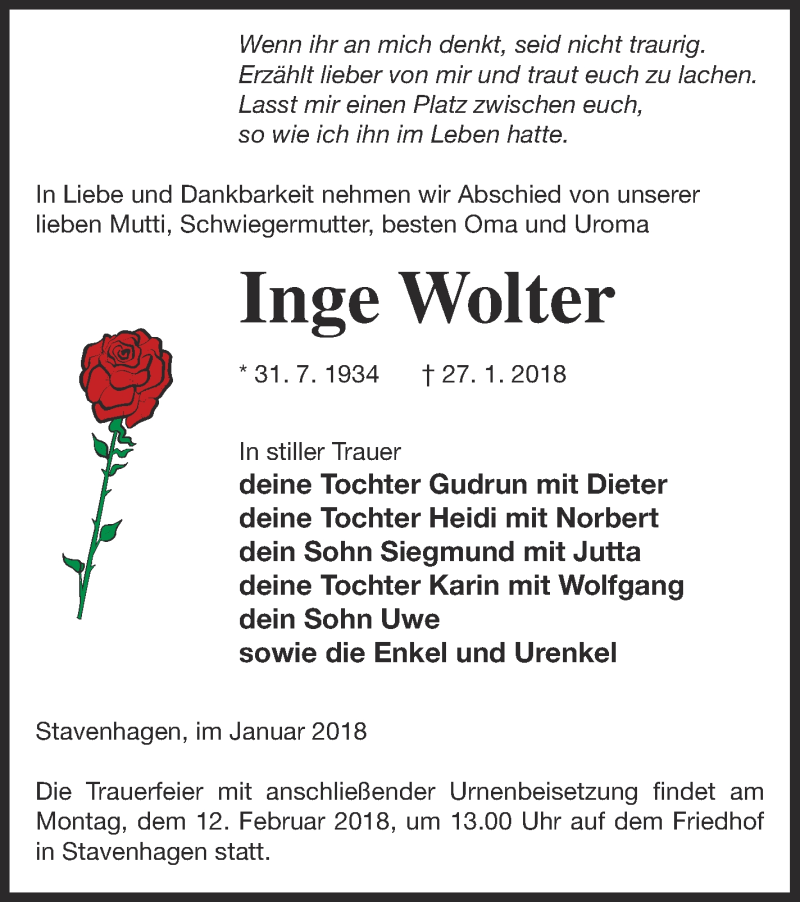  Traueranzeige für Inge Wolter vom 31.01.2018 aus Mecklenburger Schweiz