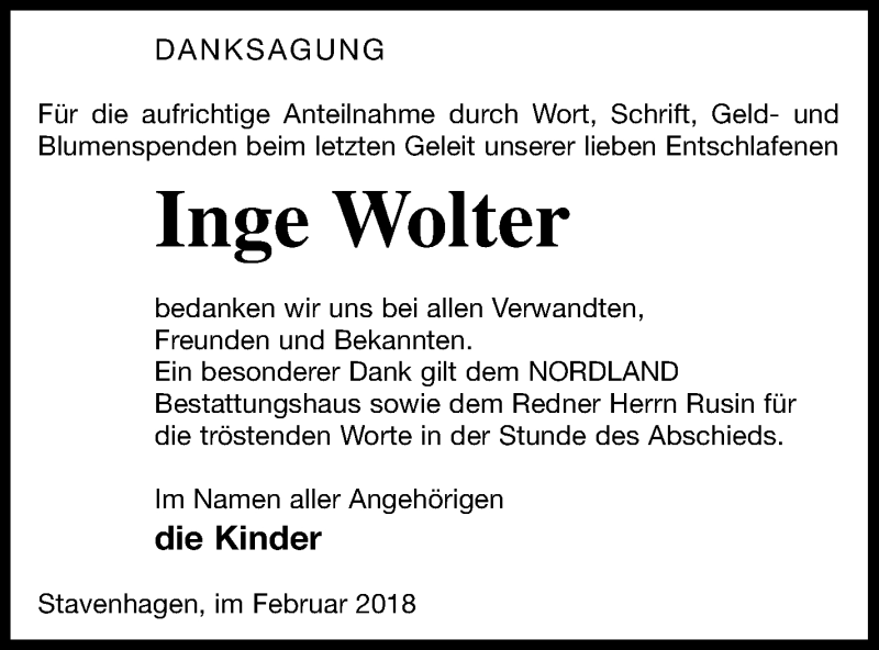  Traueranzeige für Inge Wolter vom 20.02.2018 aus Mecklenburger Schweiz