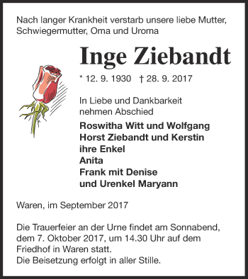 Traueranzeige von Inge Ziebandt von Müritz-Zeitung