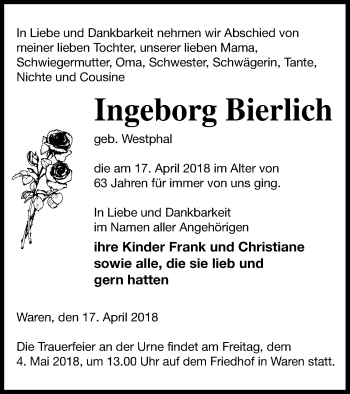 Traueranzeige von Ingeborg Bierlich von Müritz-Zeitung