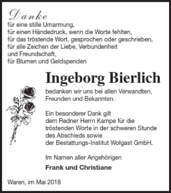 Traueranzeige von Ingeborg Bierlich von Müritz-Zeitung