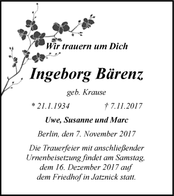 Traueranzeige von Ingeborg Bärenz von Pasewalker Zeitung