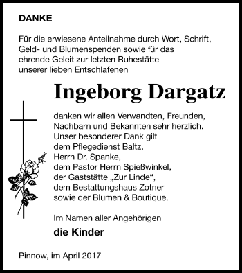 Traueranzeige von Ingeborg Dargatz von Vorpommern Kurier