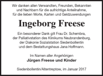 Traueranzeige von Ingeborg Freese von Neubrandenburger Zeitung