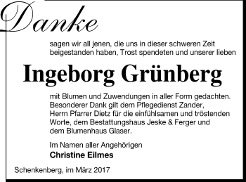 Traueranzeige von Ingeborg Grünberg von Prenzlauer Zeitung