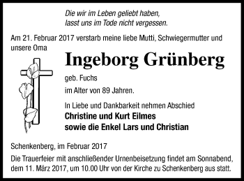 Traueranzeige von Ingeborg Grünberg von Prenzlauer Zeitung