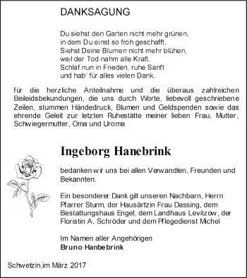 Traueranzeige von Ingeborg Hanebrink von Mecklenburger Schweiz