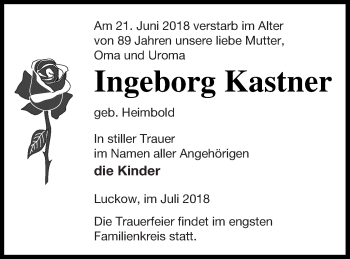 Traueranzeige von Ingeborg Kastner von Haff-Zeitung