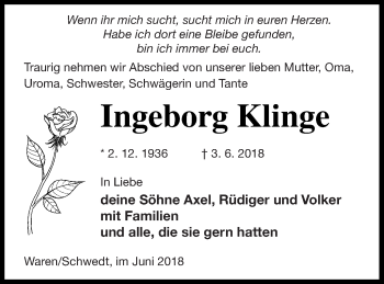 Traueranzeige von Ingeborg Klinge von Müritz-Zeitung