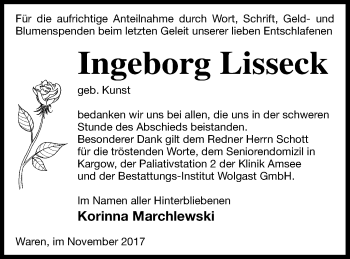 Traueranzeige von Ingeborg Lisseck von Müritz-Zeitung