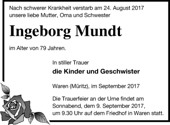 Traueranzeige von Ingeborg Mundt von Müritz-Zeitung