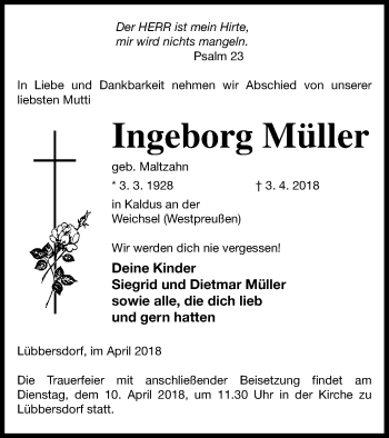 Traueranzeige von Ingeborg Müller von Neubrandenburger Zeitung