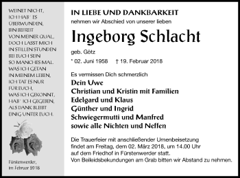 Traueranzeige von Ingeborg Schlacht von Prenzlauer Zeitung