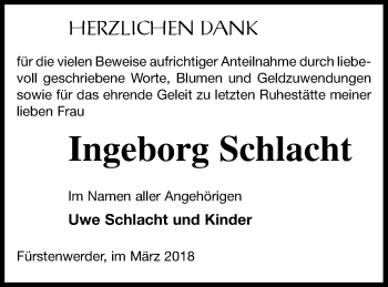 Traueranzeige von Ingeborg Schlacht von Prenzlauer Zeitung