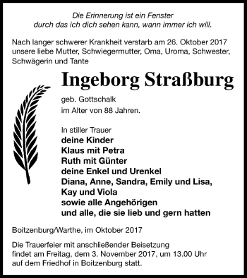 Traueranzeige von Ingeborg Straßburg von Templiner Zeitung