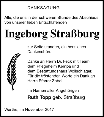 Traueranzeige von Ingeborg Straßburg von Templiner Zeitung