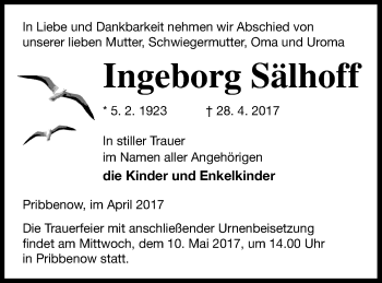 Traueranzeige von Ingeborg Sälhoff von Mecklenburger Schweiz